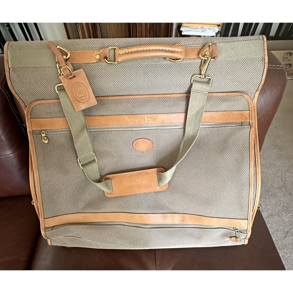 Vtg Christian Dior Bagage Made in France Garment Bag Honeycomb Canvas + Strap